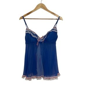 Cassandra Intimates Blue Pink velvet ribbon, Lace Trim Babydoll Lingerie, Large